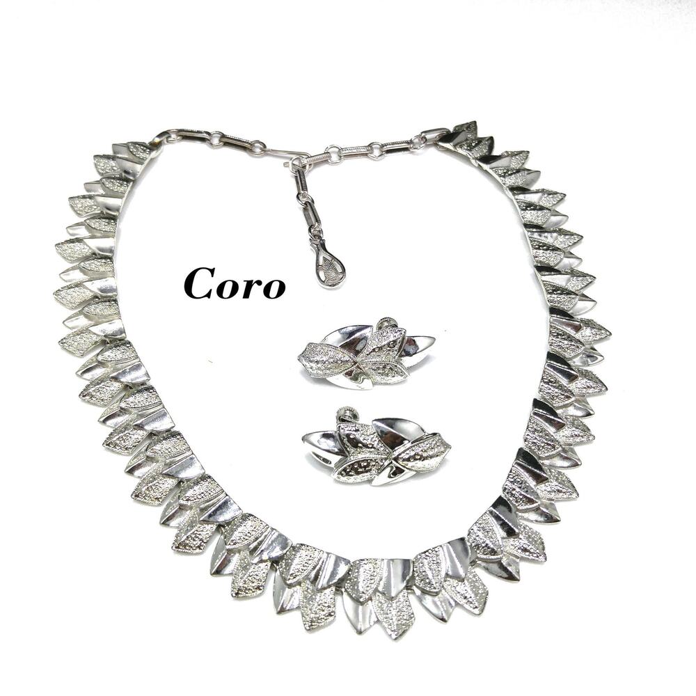 Coro Textured Smooth Leaf Necklace & Earrings, Rhodium Plated, 1950s Vintage